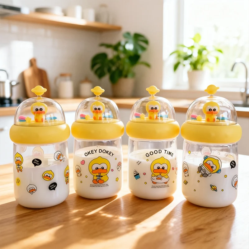 Cute Yellow Duck Portable Water Bottle – Kawaii Student Cup with Strap, Ins Style Cartoon Design for Girls & Kids,