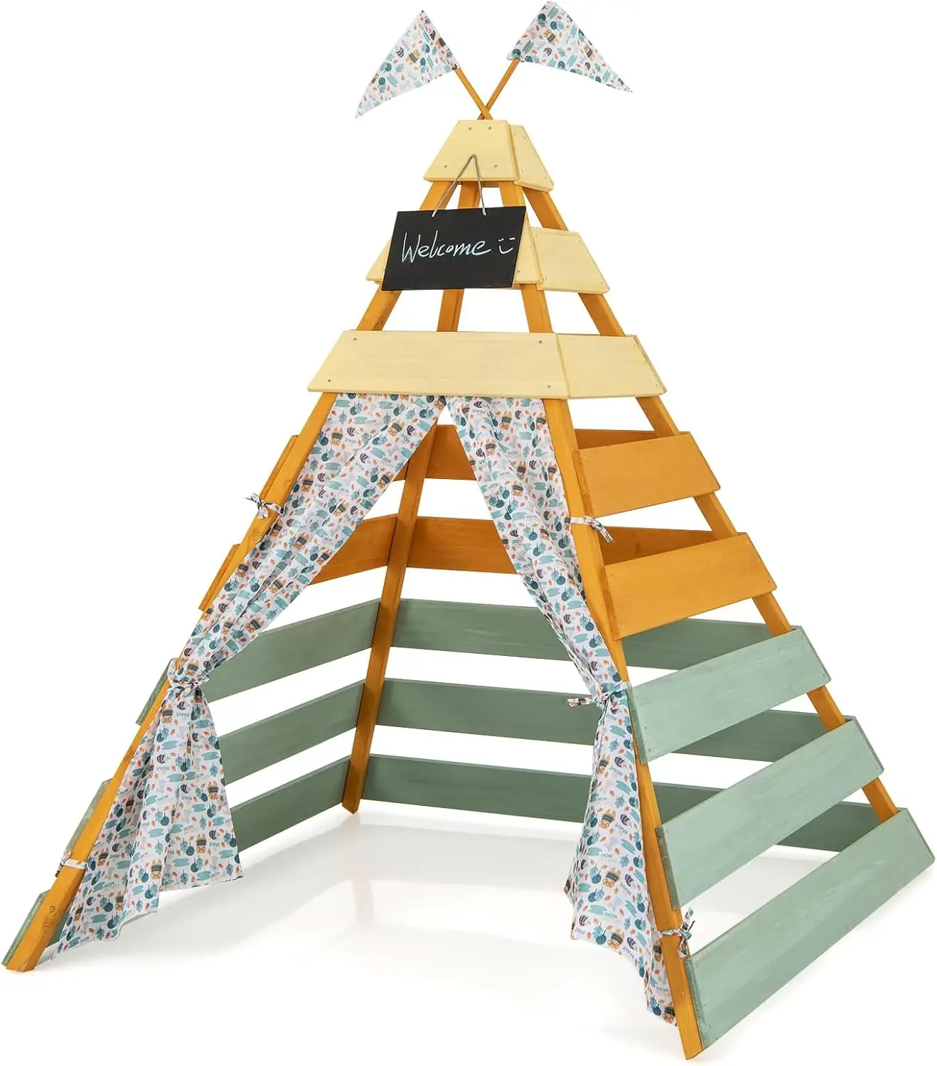 Barraca de tenda para crianças, barraca grande de brincar para crianças com estrutura de madeira de abeto, quadro removível e bandeiras, barraca interna e externa para crianças pequenas