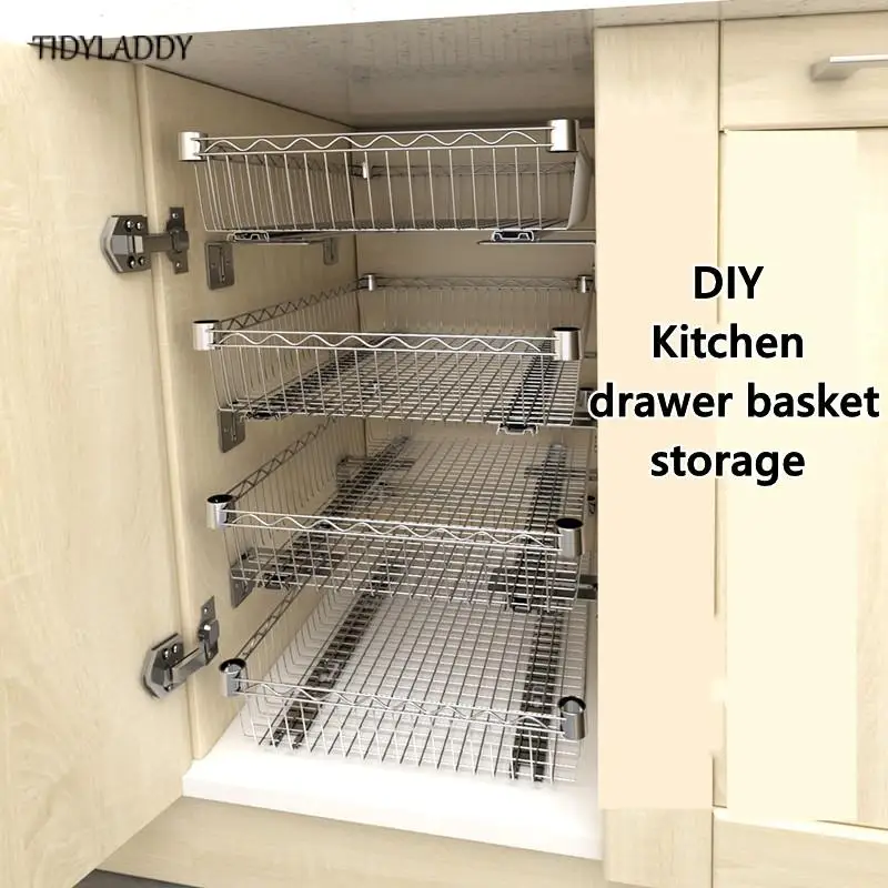 

Diy Cupboard Drawer Basket Kitchen Storage Shelf Organizer Sliding Cabinet Basket Pull Out Metal Drawer Type Mesh Basket