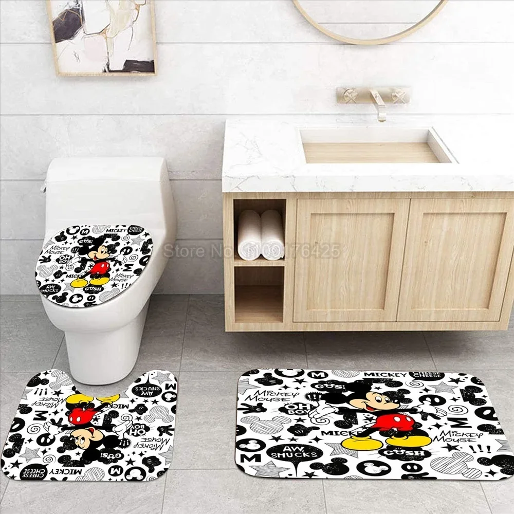 Mickey Mouse Bathroom Non-slip Mat Set Durable Waterproof Shower Curtain Set Pedestal Rug Lid Toilet Cover Bath Mat Rugs