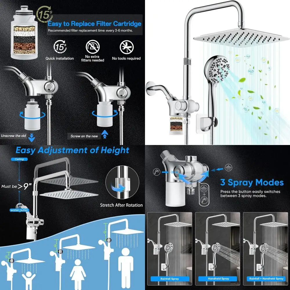 

10-inch High-Pressure 7-Setting Dual Shower Head with Handheld Spray, 3-Way Rain Head, 71 Hose, Height Adjustable, Chrome Finish