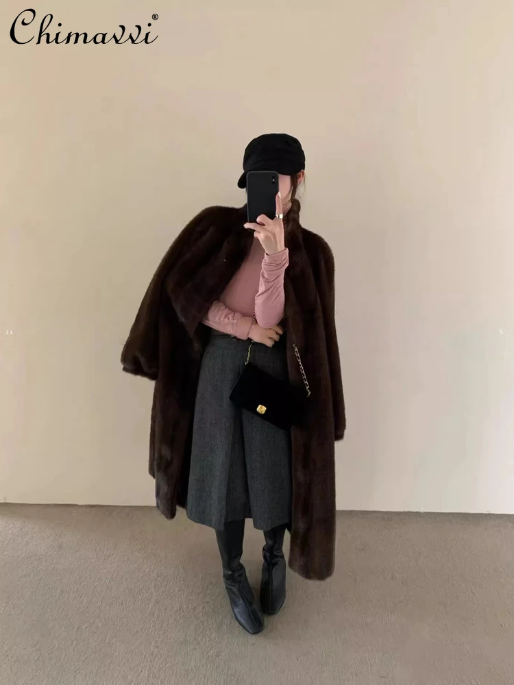 خريف شتاء جديد الراقية أنيقة ضئيلة طويلة الوقوف طوق معطف فرو المنك موضة كم طويل دافئ سميكة الفراء سترة علوية