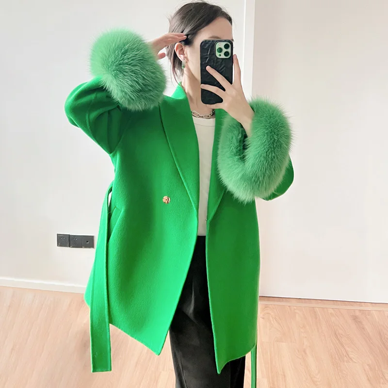 2024 New Autumn Winter Wool Coats Women's Trench Coats 100% Wool With Real Fox Fur Cuff Lady Elegant Outerwear