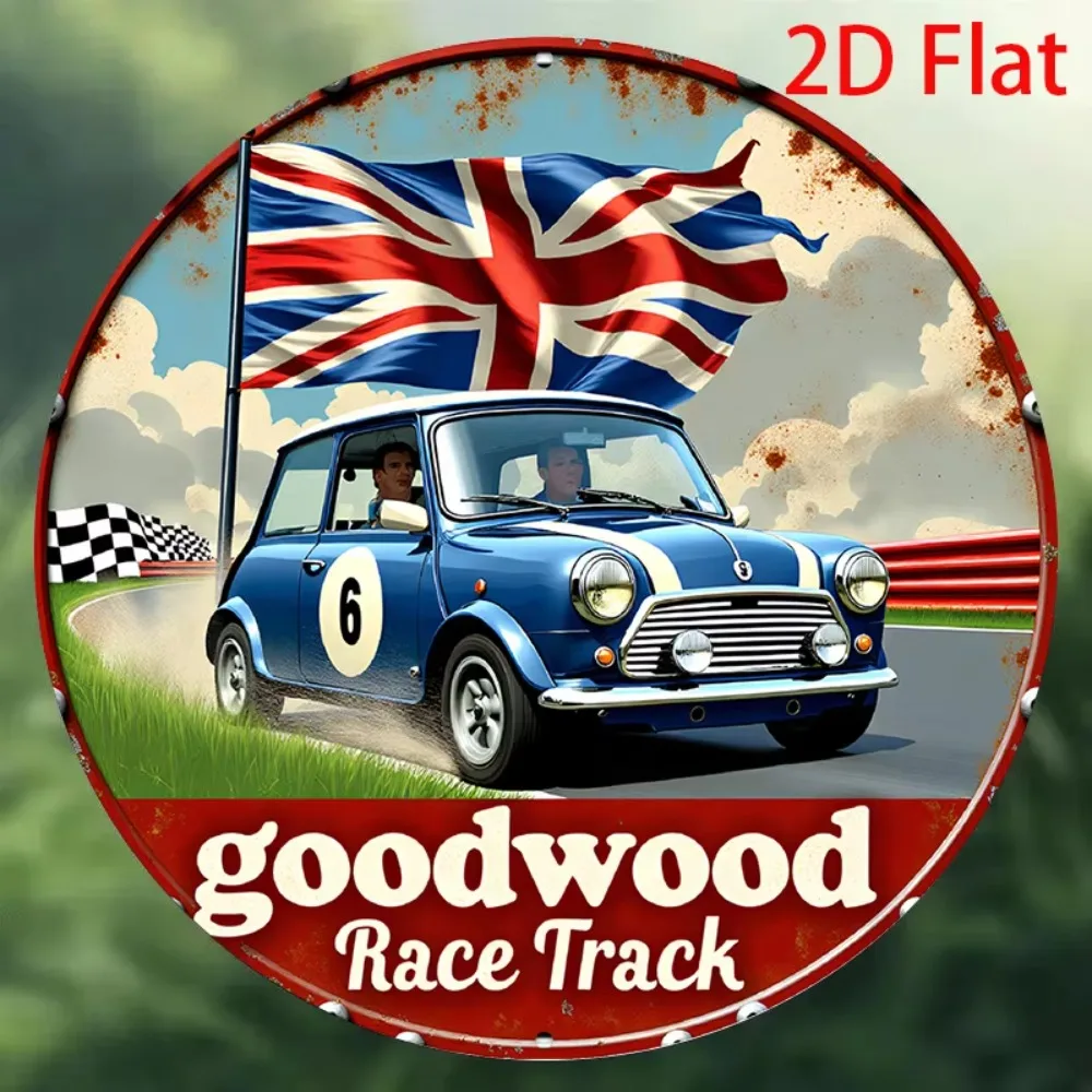 Vintage Racing Round Aluminum Plaque, Goodwood Circuit Wall Art with Classic Mini Car & British Flag, Multi-scene Home Decor