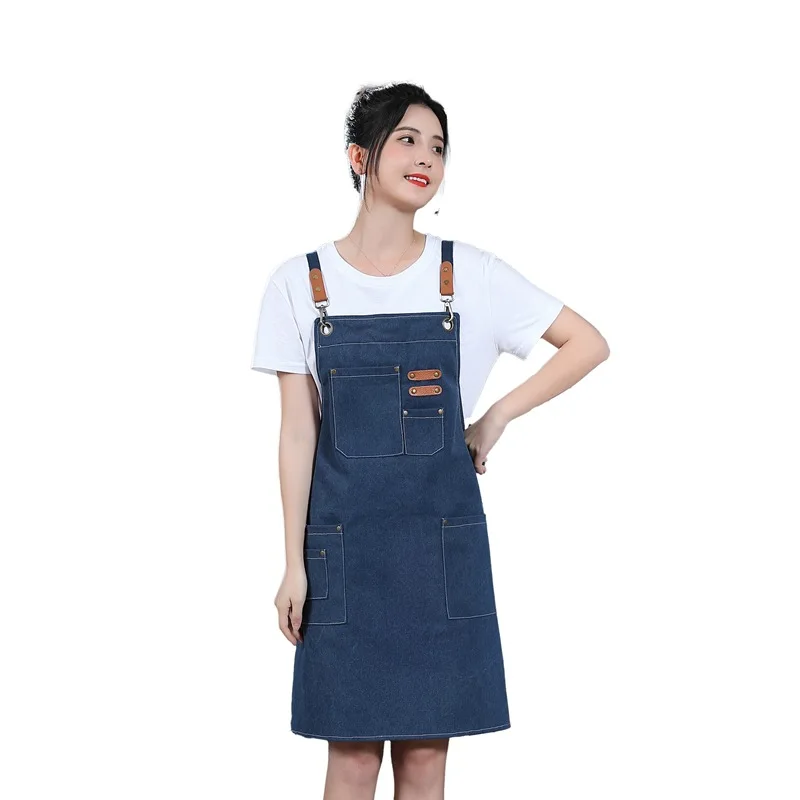 C806 Hanging Apron Drawing Coffee Shop Baker High-end Apron Logo Unisex Canvas Work Apron Cream Manicure Apron