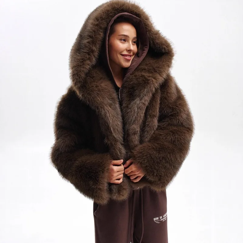 

Hooded Faux Fur Jackets Warm Thick Luxury Brown Short Furry Jacket Fluffy Solid Loose Luxury Casual Plush Coats Faux Fox Stylish