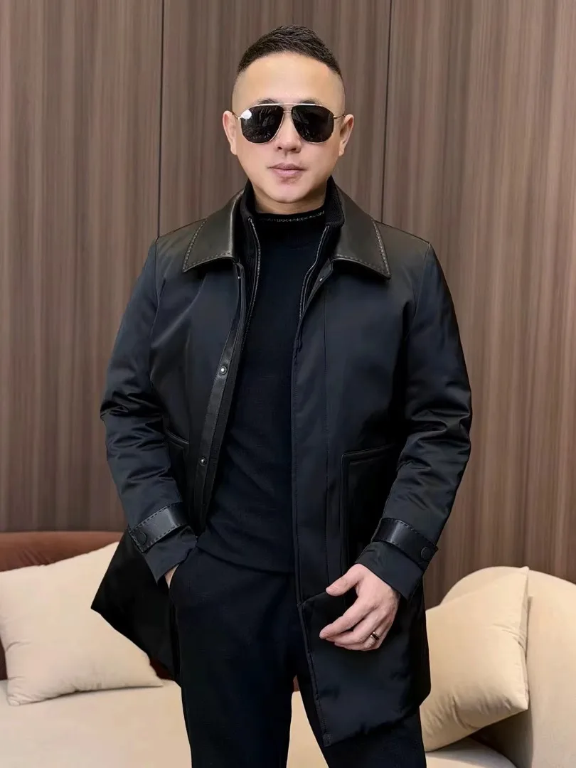 

Мужская куртка из гусиного пуха и овчины, осенне-зимняя, новая, модная, универсальная, с длинными рукавами, теплая верхняя одежда, приталенный крой