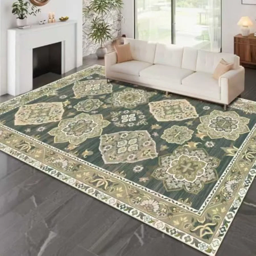 

Boho Vintage Neutral Modern Green 5x7 Area Rugs Non Slip Washable Large Carpet for Living Room Dining Room Bedroom Farmhouse De