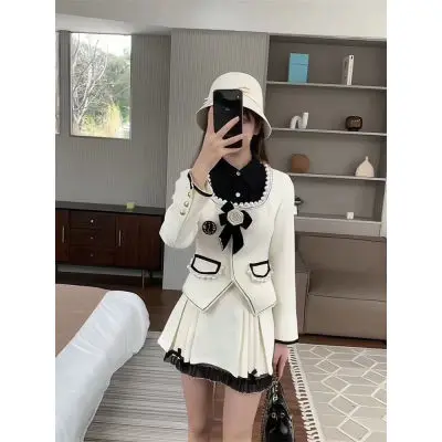 Women's Autumn and Winter Shirt Patchwork Pearl Suit Blazers Pleated Skirt Set Rose Bow  Lace Hem Half  Two-piece 