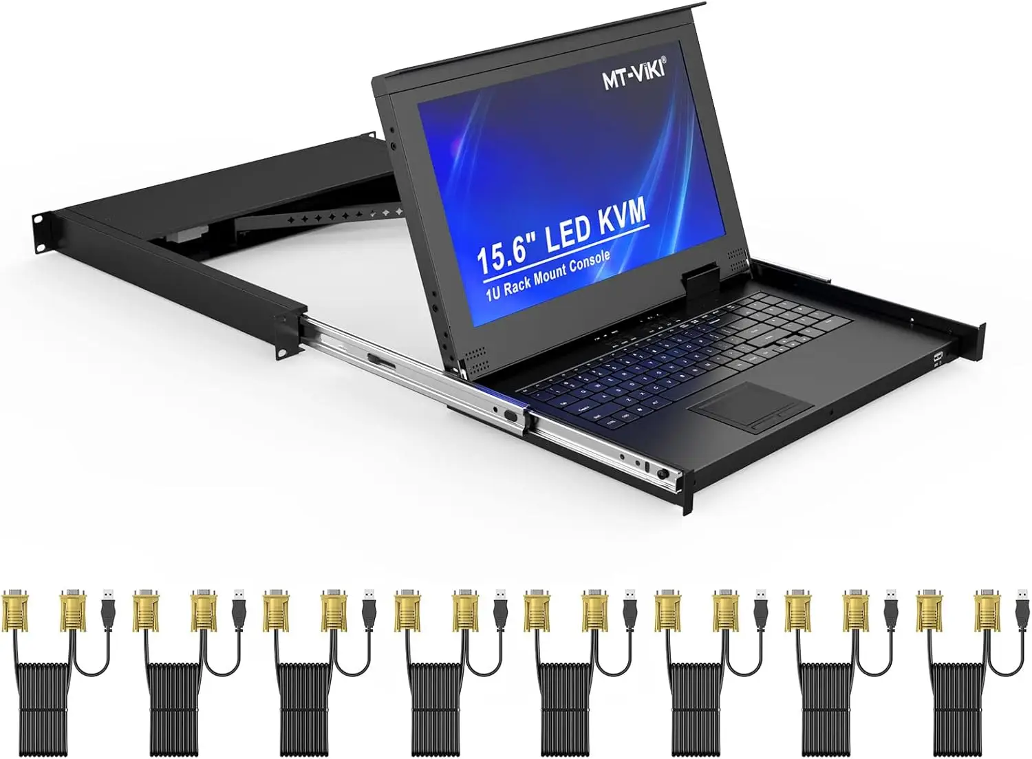 MT-VIKI 1U Rack Mount KVM Console, 8 Port KVM VGA Switch W/15.6'' LCD Monitor, 1080P, Integrated Touchpad+Keyboard+8 KVM Cables