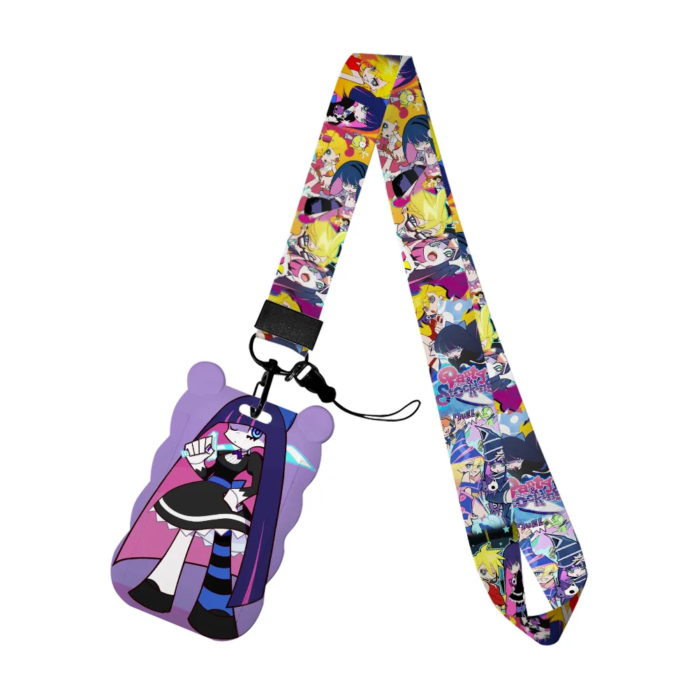 Cute Anime Card Holder with Lanyard Bear Ear Wavy Edge ID Badge Holder Kawaii Manga Character Colorful Print Card Case for Women