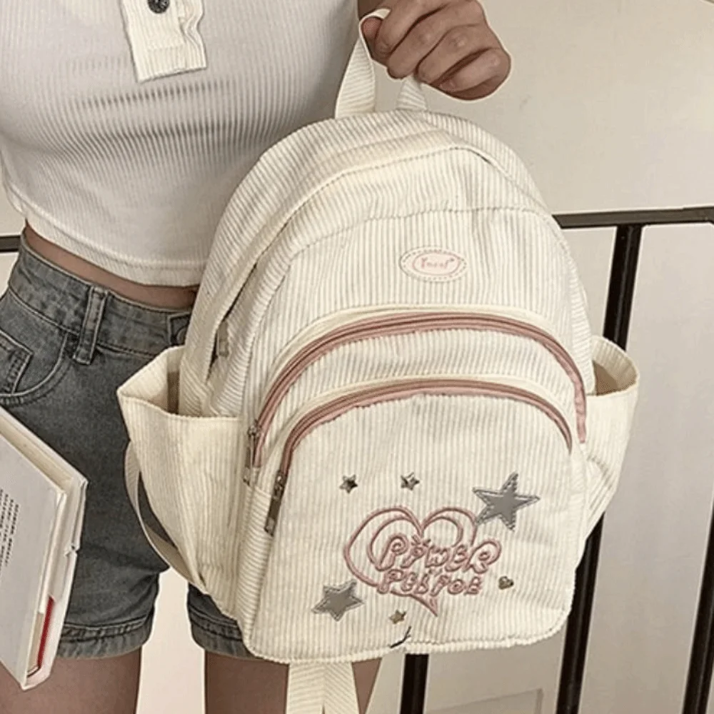 

Small Pack Corduroy Backpack Korean Style Solid Color Star Love Shoulder Bag Multiple Pockets Handbag Casual Backpack Men