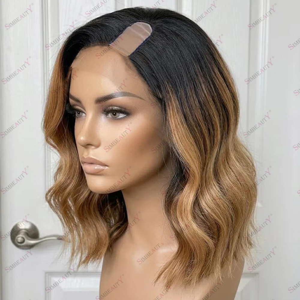 Wavy Honey Blonde Ombre Human Hair U Part Wig Short Bob Style Left/Right Side Part 1X4 U Shape Open Glueless V Part Wigs Remy