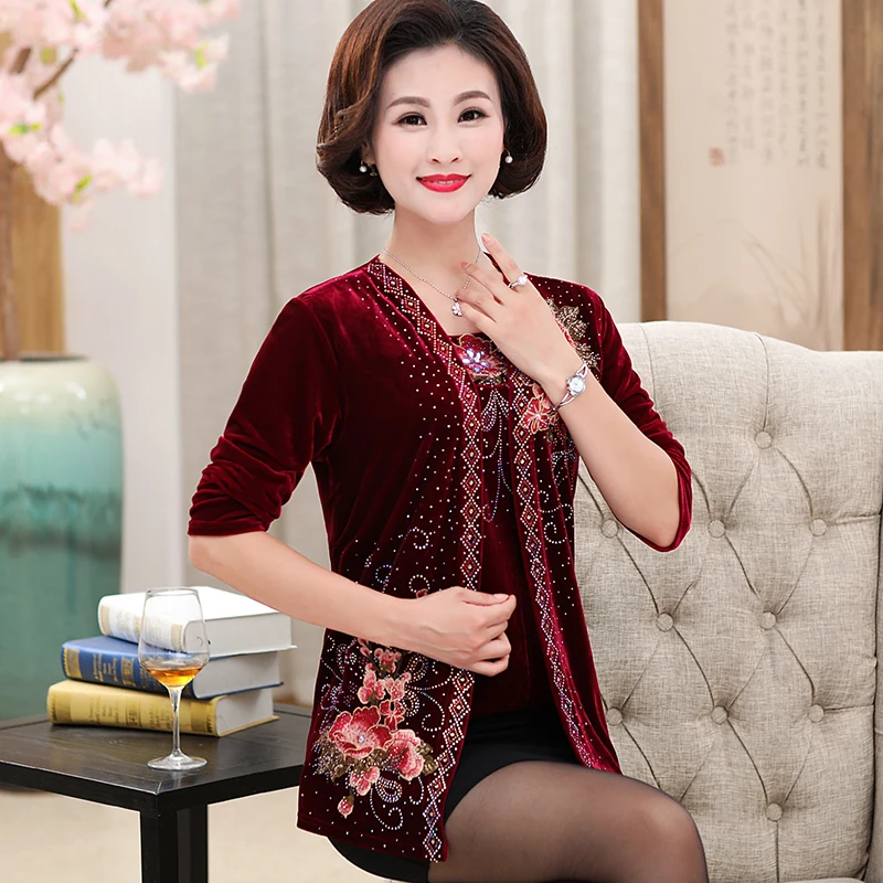 Nữ Giả Hai Mảnh Thêu Cardigan Xuân & Thu Hoa Velour Áo Nữ Dài Tay Vàng Nhung Thêu Áo Kiểu