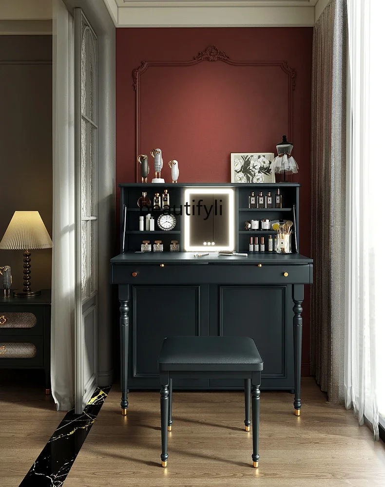 

zxqAmerican Retro Dressing Table Storage Cabinet Integrated Bedroom Middle and Ancient Makeup Cabinet Black Storage Makeup Table
