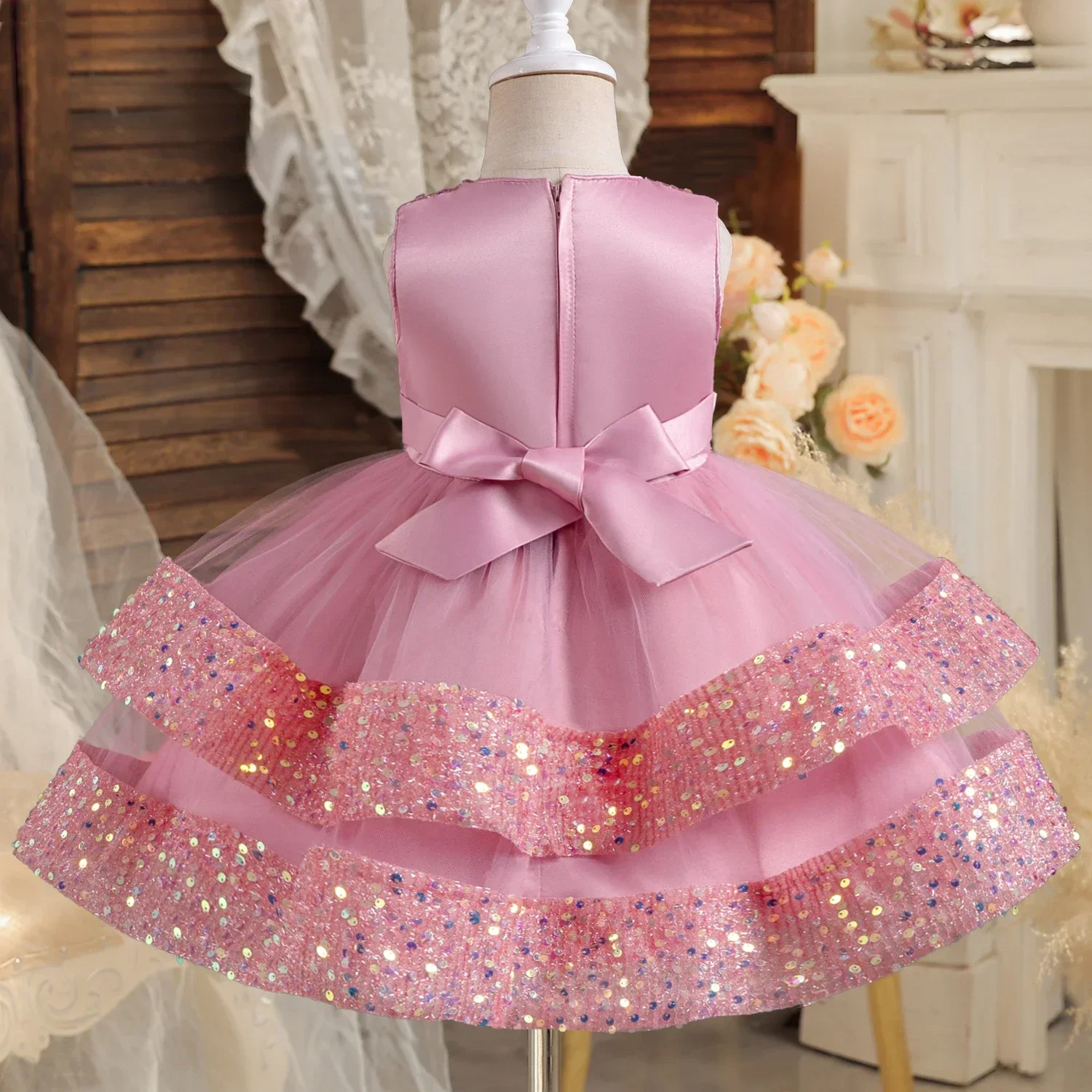 Summer Party Dress for Girls Sequined Sleeveless Tulle Tutu Gown Baby Girls Wedding Birthday Princess Dress Baptism Kids Clothes