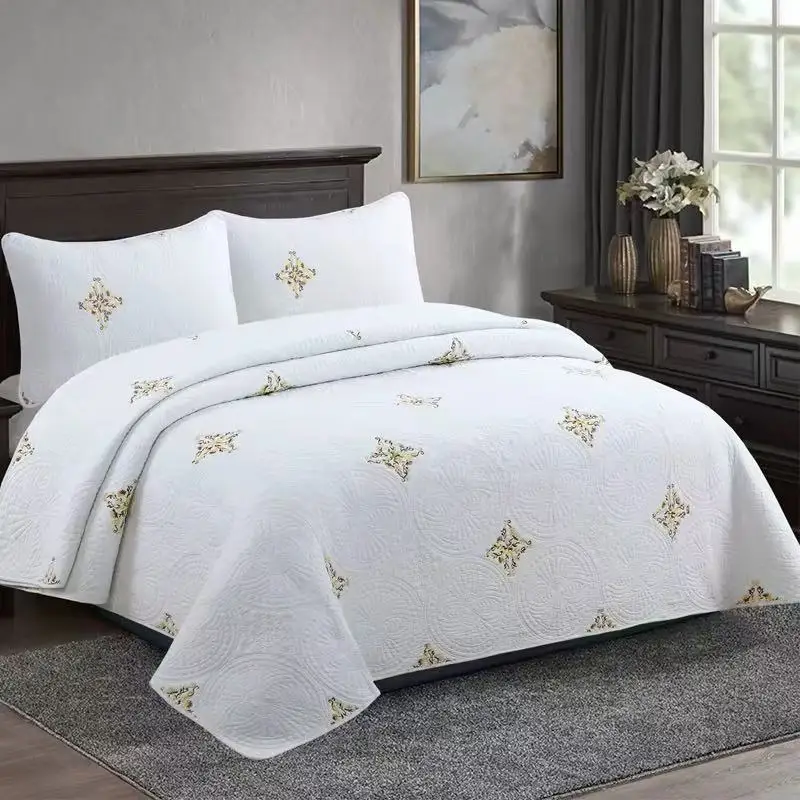 3Pcs 100% Cotton Quilted Bedspread Set White Roman Embroidery Quilt Double Bed Cover Queen King Size Coverlet Non-slip Sheet