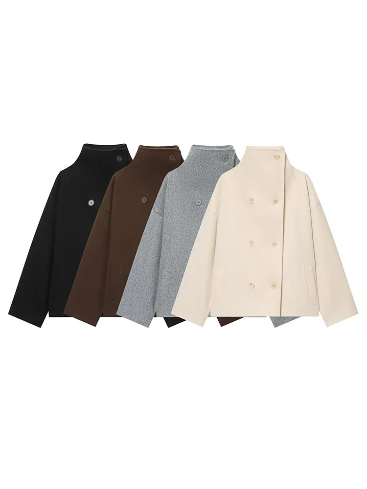 

HH 2026 New Women High Collar Long Sleeves Double Breasted Pocket Decoration Woolen Coat Female Loose Casual Jacket