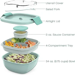 Double Stackable Lunch Box, 50 oz. Large Salad Bowl, 4 Compartment Tray, 3 oz. Sauce Container, Built-In Reusable Fork & Spoon