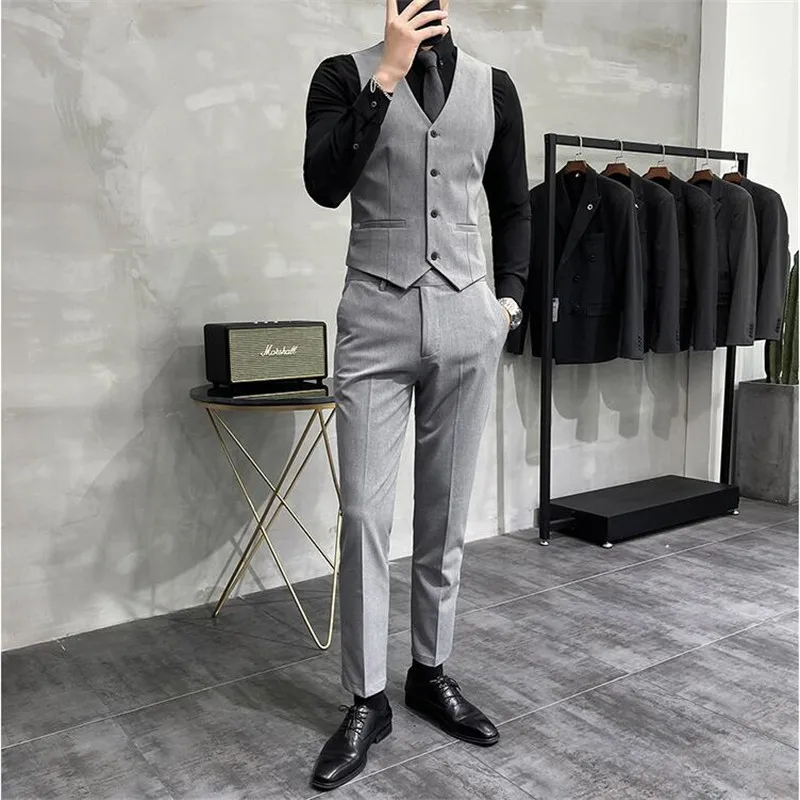 Plus Size S-7XL Man Korean Slim Fit Custom Groom Business Casual Tuxedo Blazers Vest Pant Casual Wedding Social Tuxedo Dress