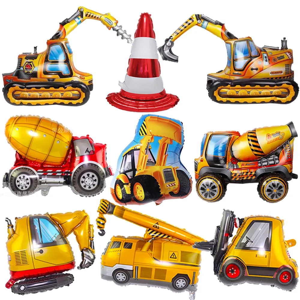 Cartoon Excavator Crane Forklift Cement Truck Kids Boys Construction Engineering Vehicle Themed Birthday Party Balloon Decors