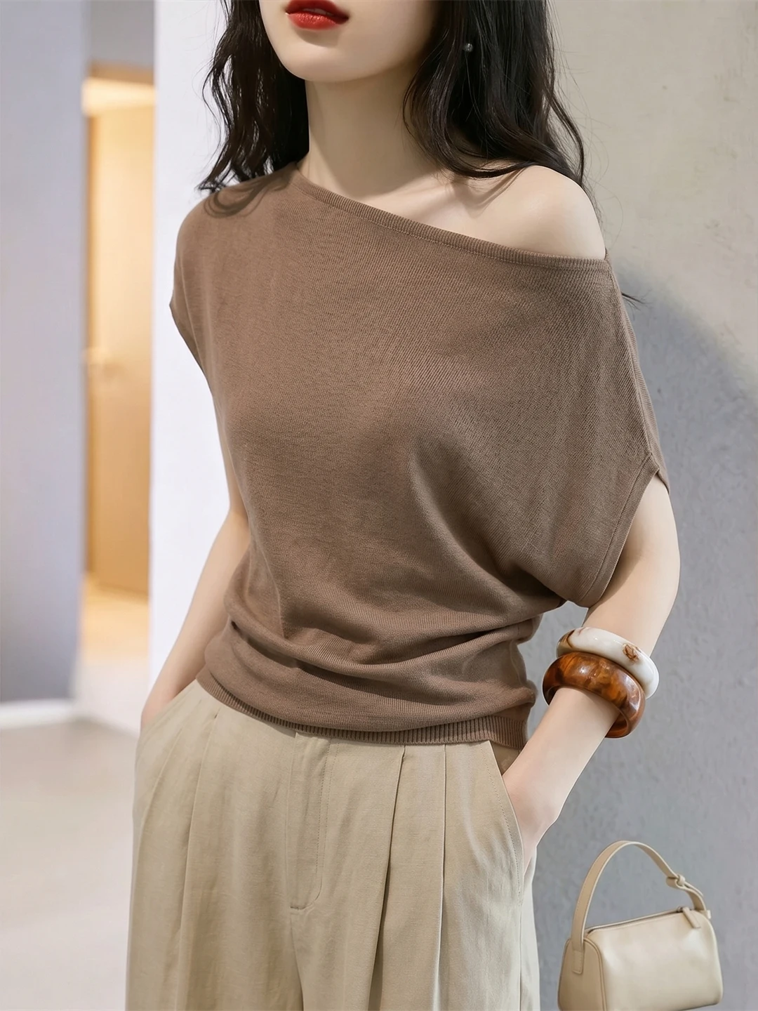 Korean Style Lazy Fashion Slant Collar Ice Silk Knitted Shirt Retro Cool Top Versatile Summer Small Shirt Pure Color