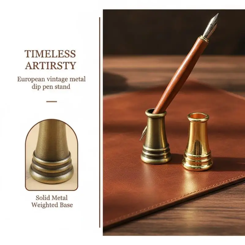 Vintage Style Pen Holder, Metal Round Base Stand for Fountain Pen Dip Pen Clips, Desk Writing Accessories