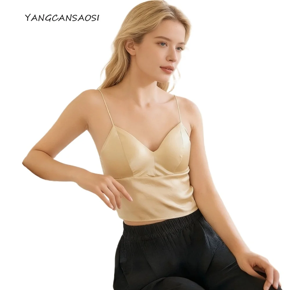 Abbigliamento sexy casual da donna Canotta in raso di seta di gelso naturale con top senza spalline Cuscino per il petto Reggiseno a 3/4 tazze Gilet interno