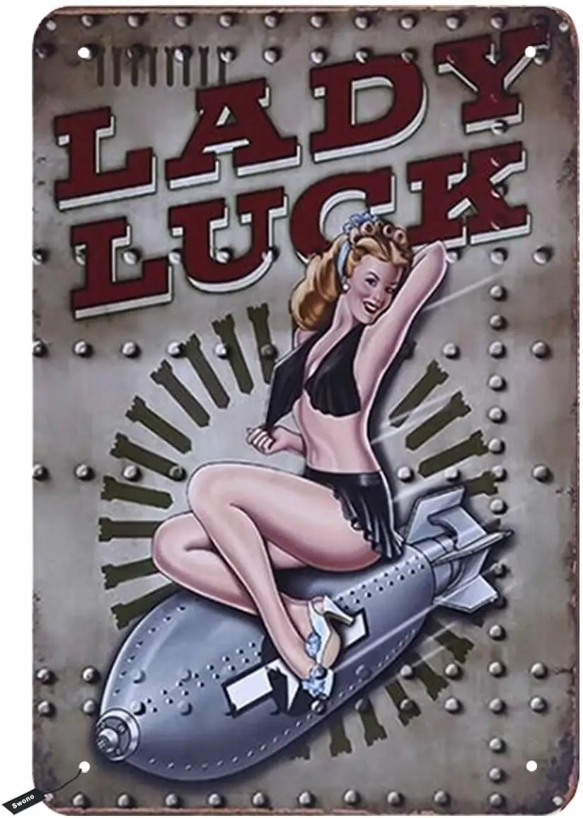 Swono Pink Up Girl Tin Signs,Lady Luck Sexy Women Sit on The Bomb Vintage Metal Tin Sign For Men Women,Wall Decor for Bars,Resta