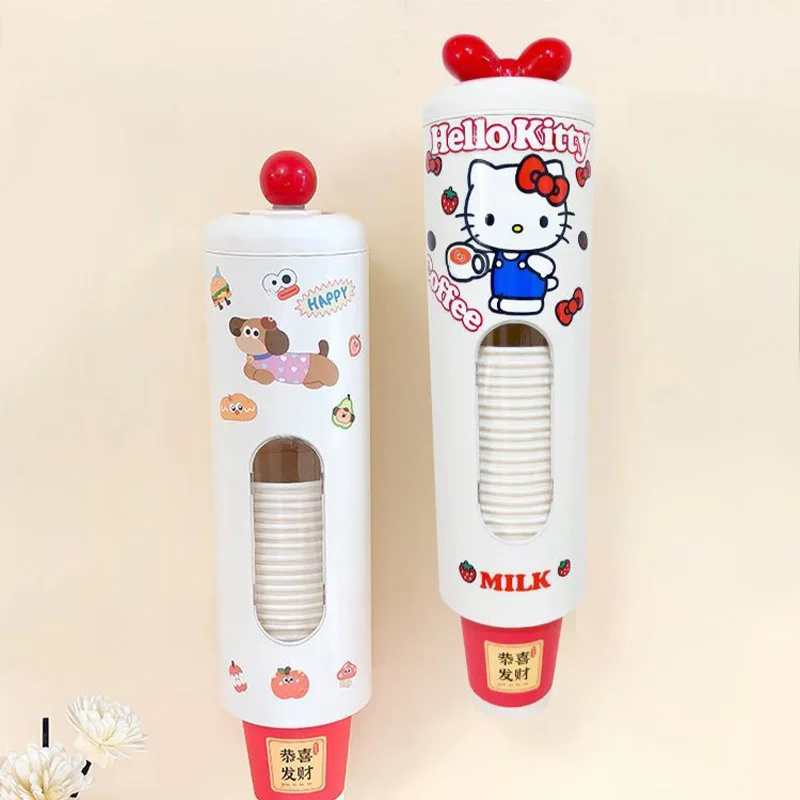 مرحبا كيتي لطيف حامل الكأس القابل للتصرف التلقائي كأس المنتقى الحائط تخزين الرف لا اللكم الغبار واقية ورقة كوب المنظم #6