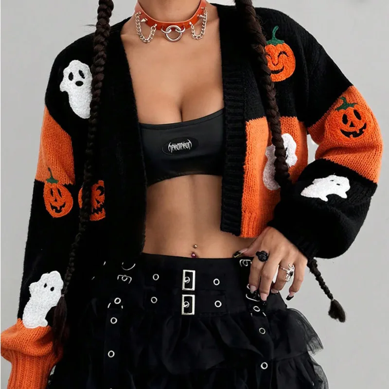 Personalized Pumpkin Embroidery Long Sleeved Jacket For Women Halloween Slim Fit Short Sweater Cardigan 2024 New Spicy Girl Top