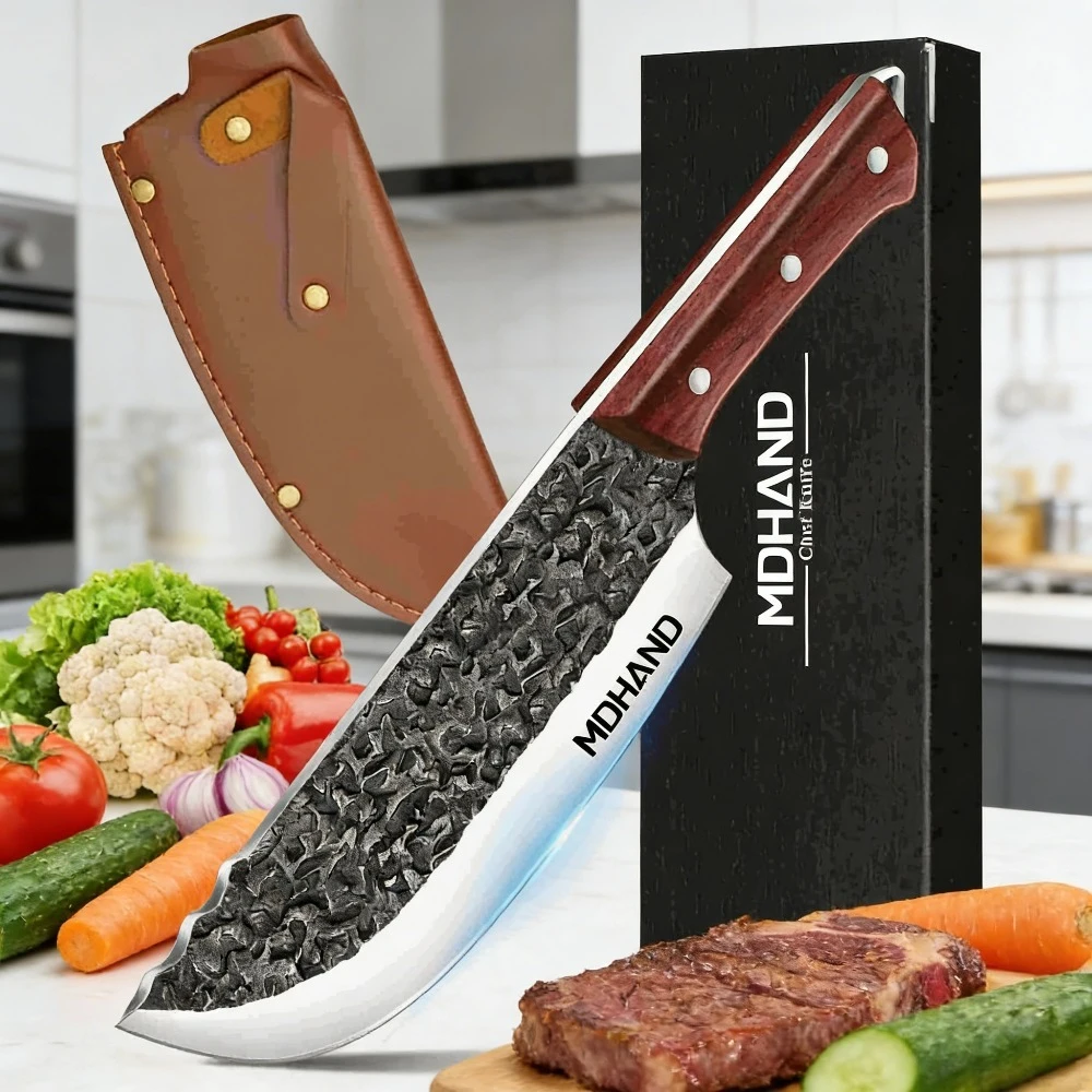 7-Zoll Stilvolles Gehämmertes Hackmesser, Steingewaschene Schwarze Oberfläche, Ergonomischer Pakka-Griff, Premium Mehrzweck-Küchenmesser Geschenkbox