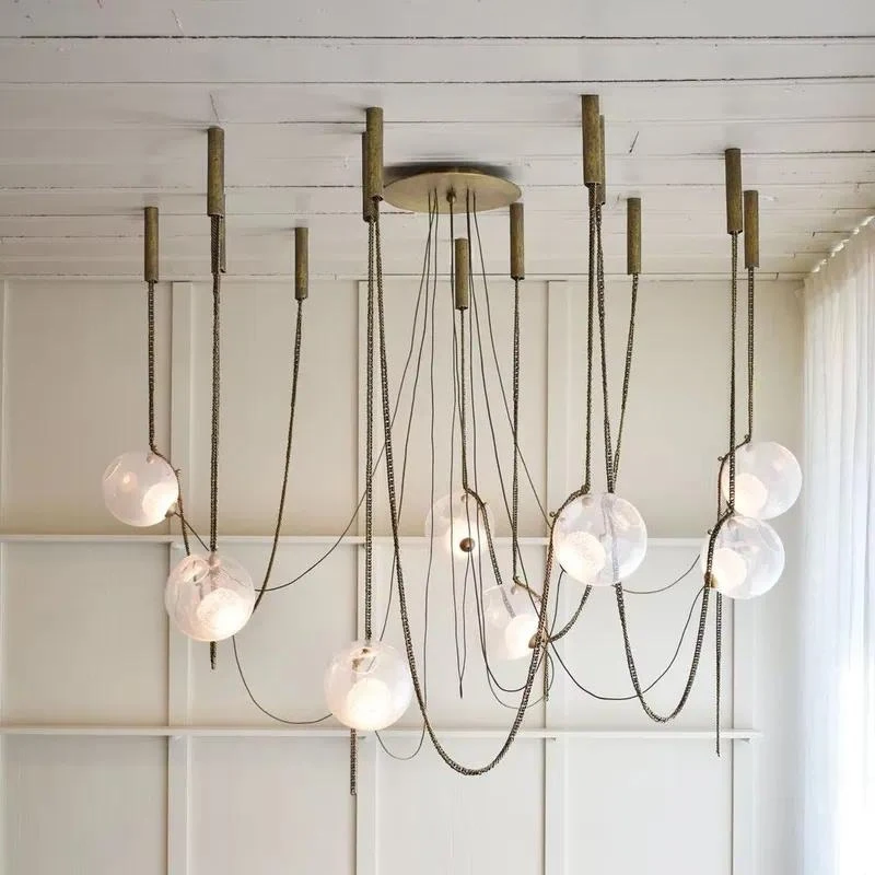 Luxury modern art chandelier simple brass chain transparent glass chandelier living room