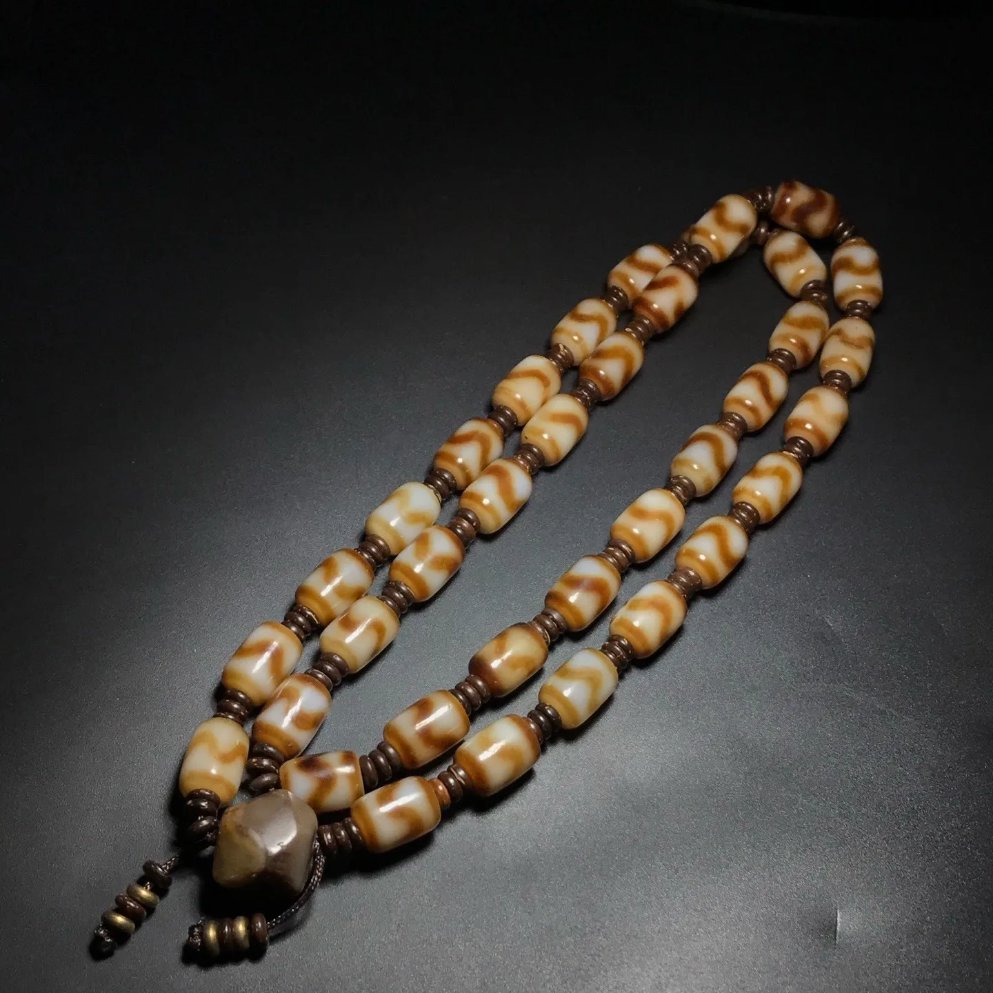 Unique Tibetan Old Agate dZi Tiger Teeth Beads Amulet Necklace J0622