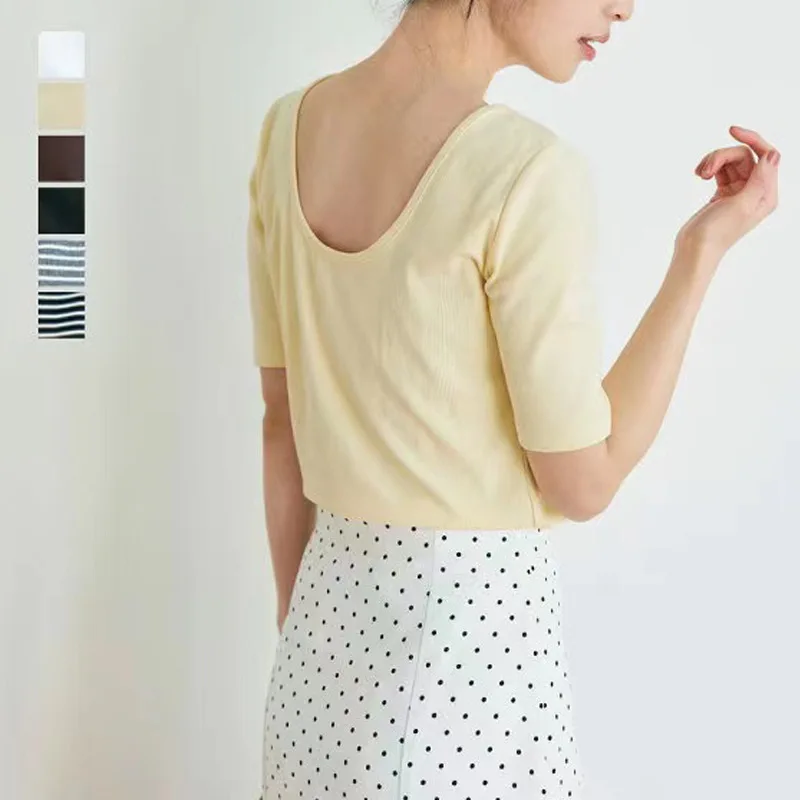 

Япония Rakuten, весна-лето, простая женская футболка, повседневная, художественная, нишевая, однотонная, в полоску, с коротким рукавом