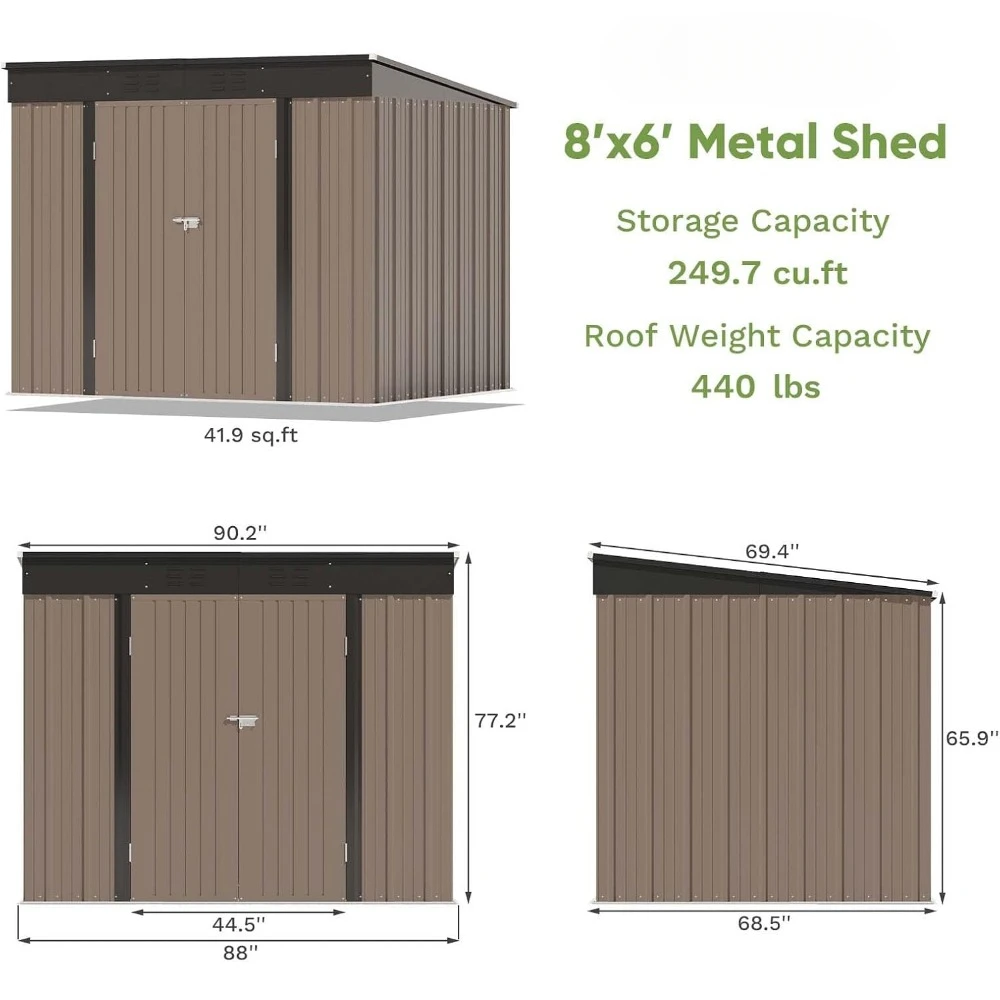 Cobertizo de almacenamiento para exteriores de 8 'x 6', cobertizo de Metal con ventilación y bloqueo, impermeable y resistente a los rayos UV, Color marrón