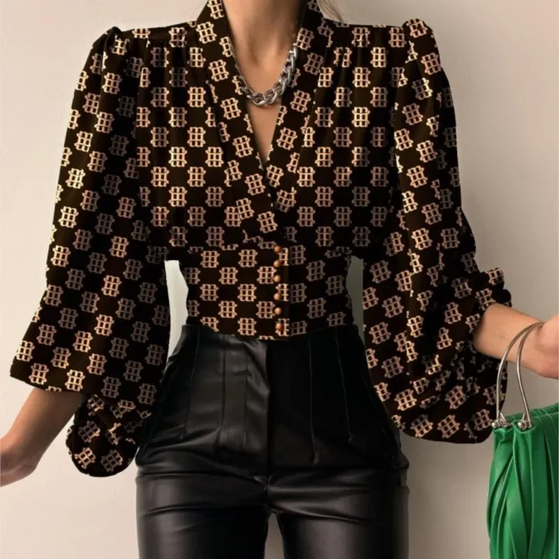 Sexy V-Ausschnitt Langarmhemd Bluse Büro Dame Frühling Herbst Mode elegantes Blumen druck Shirt für Frauen 2024 weibliche Tops