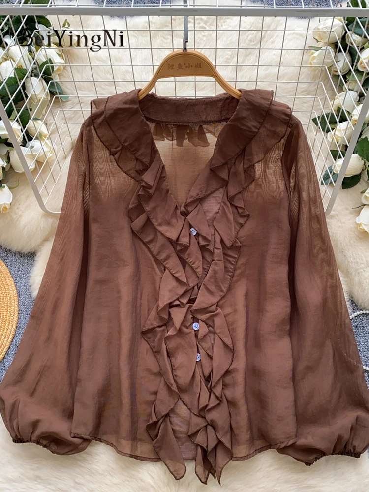 

Beiyingni French Casual Women V-neck Shirts Edible Tree Fungus Lantern Sleeve Loose Blusas Ladies Elegant Korean Chic OL Blouses