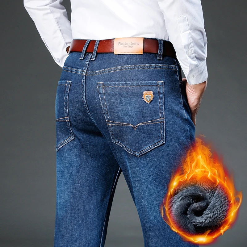 남성용 겨울 울 청바지, 비즈니스 캐주얼 클래식 스트레치 슬림 데님 바지, 레트로 패치 쉴드 클래식 남성복