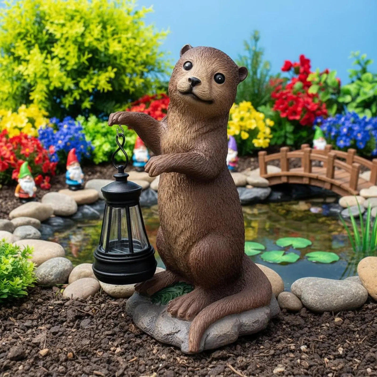 Resin Otter Garden Lamp Weather Resistant Otter Figurine with Lantern Outdoor Decoration for Patio, Pondside