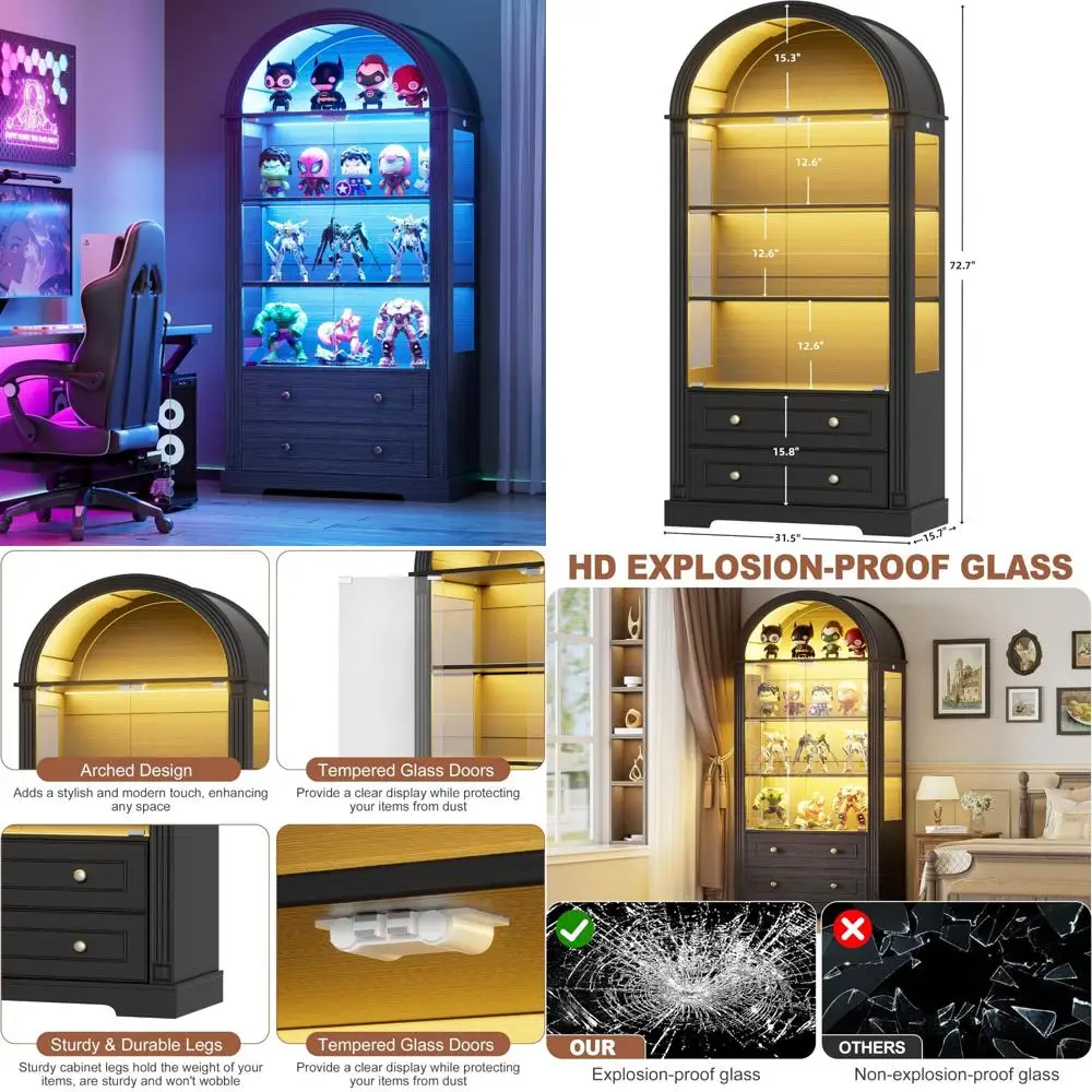 Armário alto arqueado 73 com portas de vidro e luzes LED, armário de curiosidades de 4 camadas para colecionáveis e estante