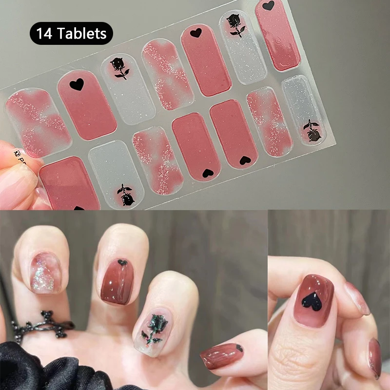 14 Strips Baking-free Nail Stickers Long-Lasting French Style Fresh Flowers In Summer Solid Color Patch Slider Full Cover Decals