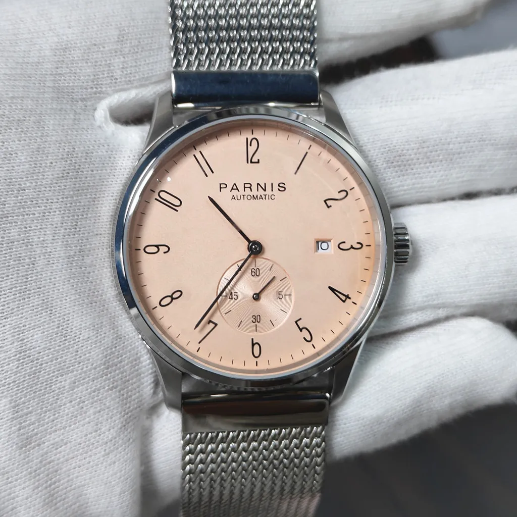 

Parnis 41.5mm men's automatic mechanical watch stainless steel case calendar mesh strap business watch