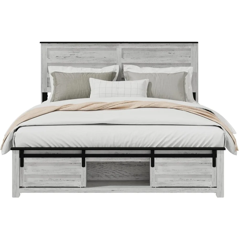 Wooden Queen Size Bed Frame with Headboard, Boho White Farmhouse Storage Bedframe with Sliding Barn Door Footboard and Charging