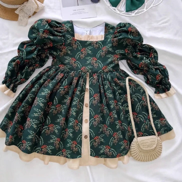 

Girls Skirt 2025 Spring and Autumn New Childrens Clothing Girls Baby Fashion Cotton French Bubble Sleeve Fake Two Princess Dress