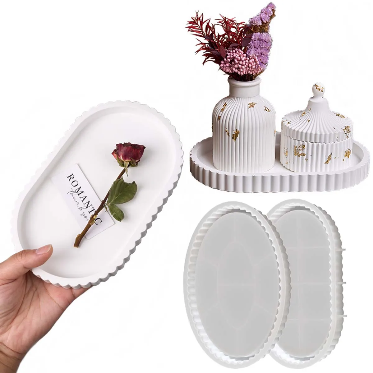 Lace Storage Tray Silicone Mold DIY Oval Stripe Coaster Making Molds Plaster Resin Jewelry Display Plate Craft Casting Mould