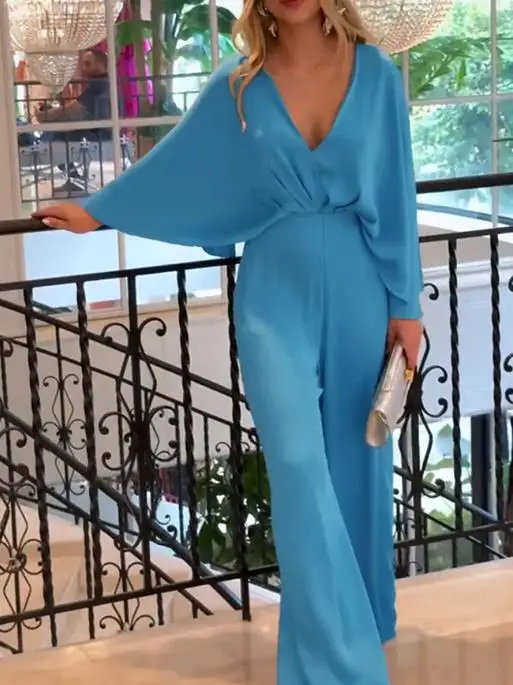 Slim Fit Dames Jumpsuit Zomer Nieuwe Stijl Diepe V-hals Vleermuis Mouw Ontwerp Hoge Taille Wijde Pijpen Jumpsuit Geschikt voor Banketten
