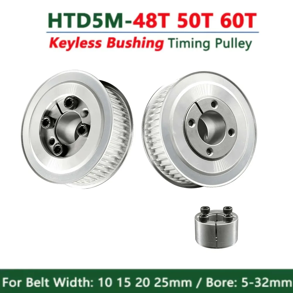 HTD 5M Timing Pulley 48/50/60T Keyless Bushing Synchronous Wheel Bore 5-32mm for Belt Width 10/15/20/25mm Expansion Sleeve