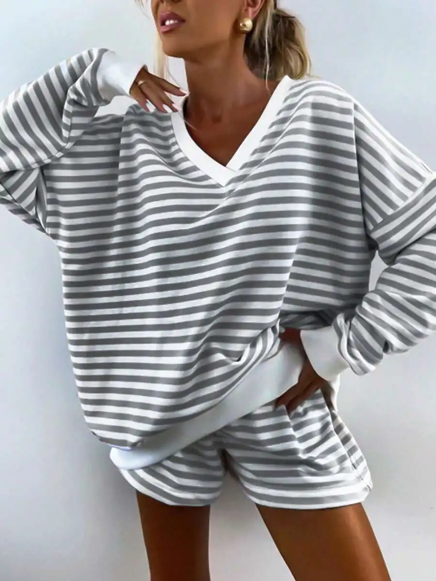 

2 Pieces Set Spring Autumn Striped V-Neck Long Sleeve Loose Top And Shorts Casual Home Wear