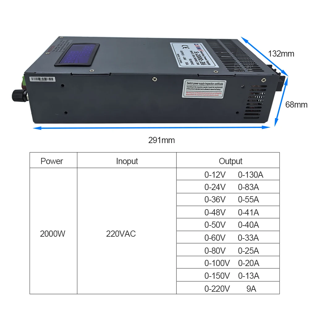 2000w Switching Power Supply With Or Withought Display SMPS AC-DC 0-12V 13.8V 24V 36V 48V 60V 72V 80V 100V 150V 220V 300V 350V